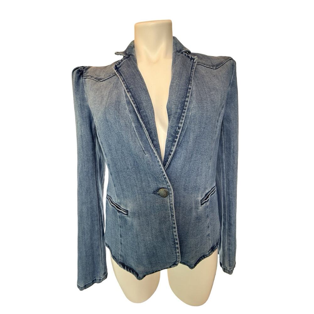 Denim Blazer Jacket Puff Shoulder Fitted Cropped Light Wash S